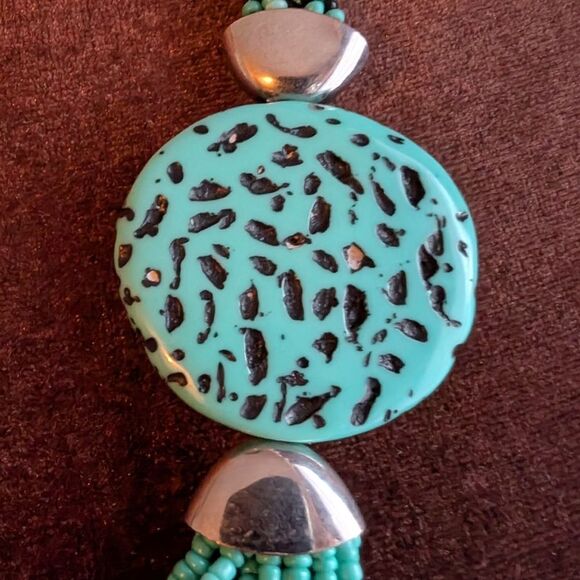 Boho Faux Turquoise Long Multi Strand Beaded Necklace With Circles - Picture 5 of 7